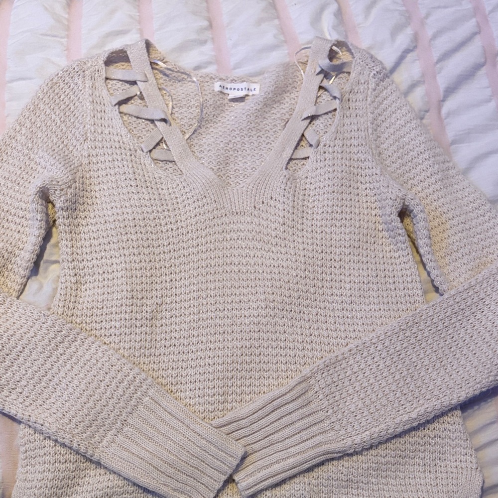 Aeropostale Women's Cream Lace-Up V-Neck Knit Sweater